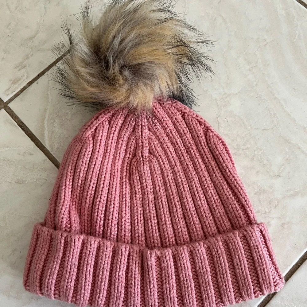 J. Crew faux fur pom pom ribbed hat in pink - Picture 2 of 5